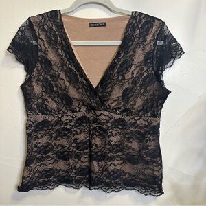 Diane Gilman Babydoll Tan and Black Lace V-Neck Top